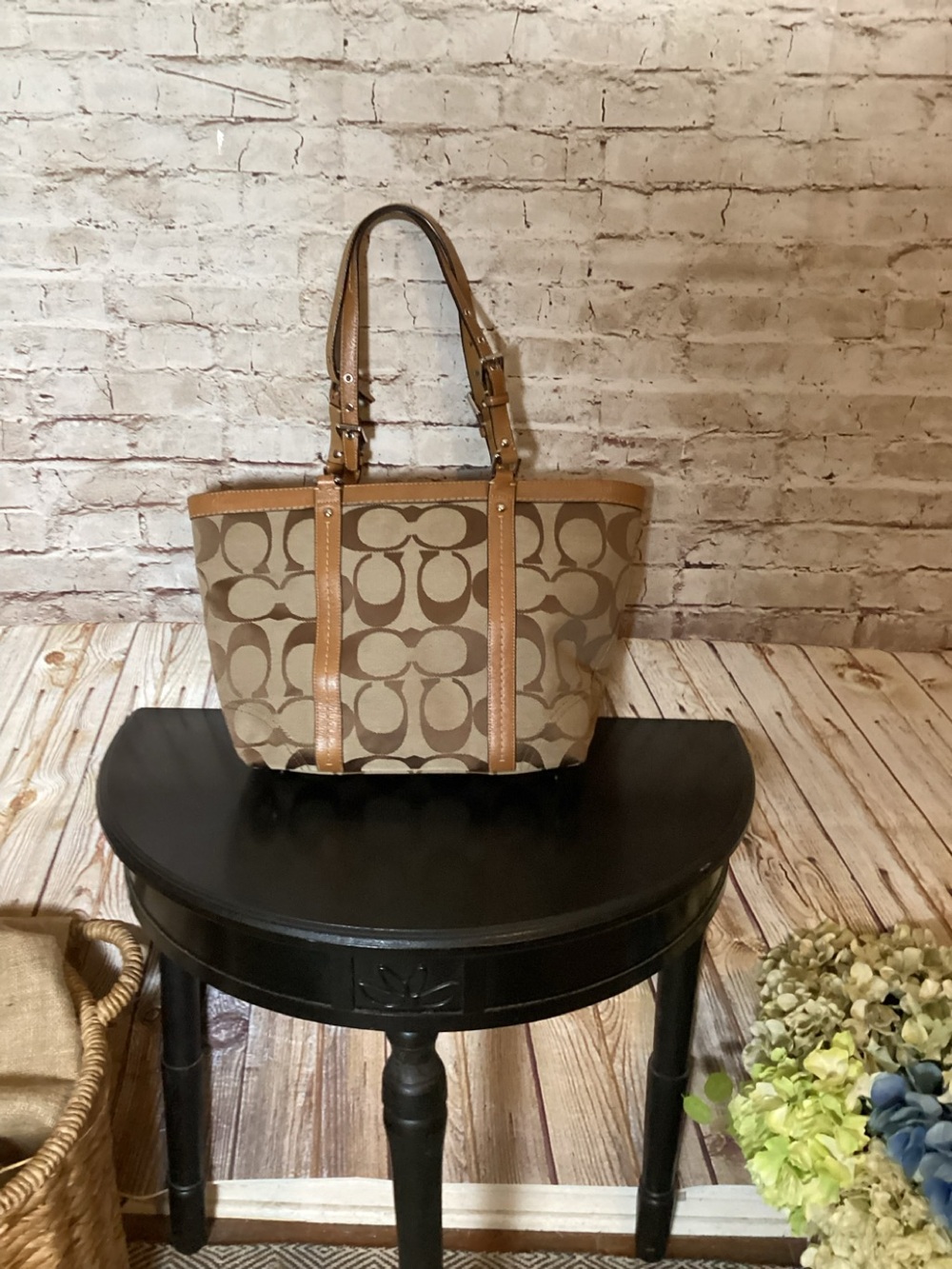 Coach Signature Jacquard khaki leather trim shoulder Vintage bag - Picture 7 of 9